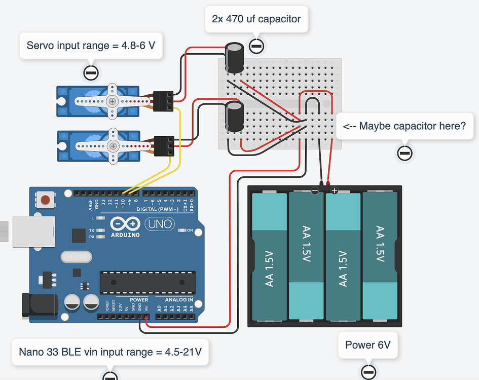Which capacitor(s) can I use for 2 servo’s? And where do I place them