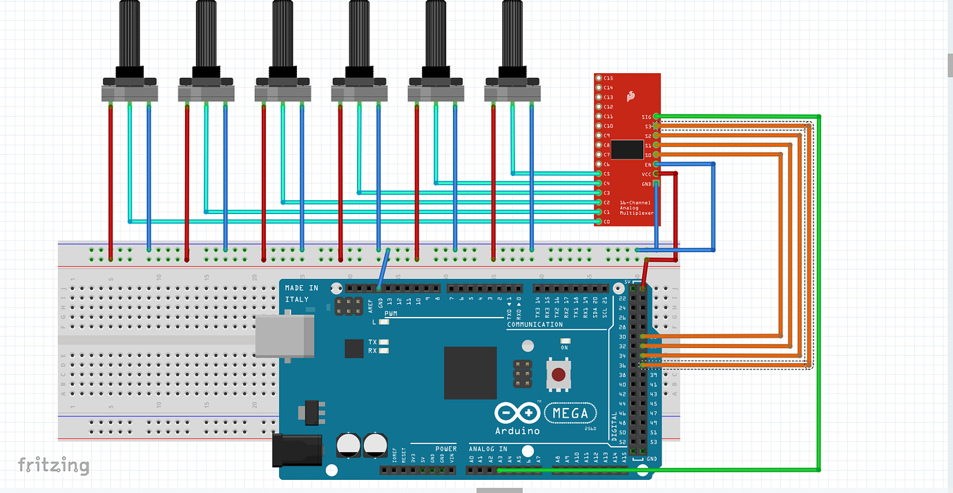 Using the HC4067 multiplexer with potentiometers LEDs and