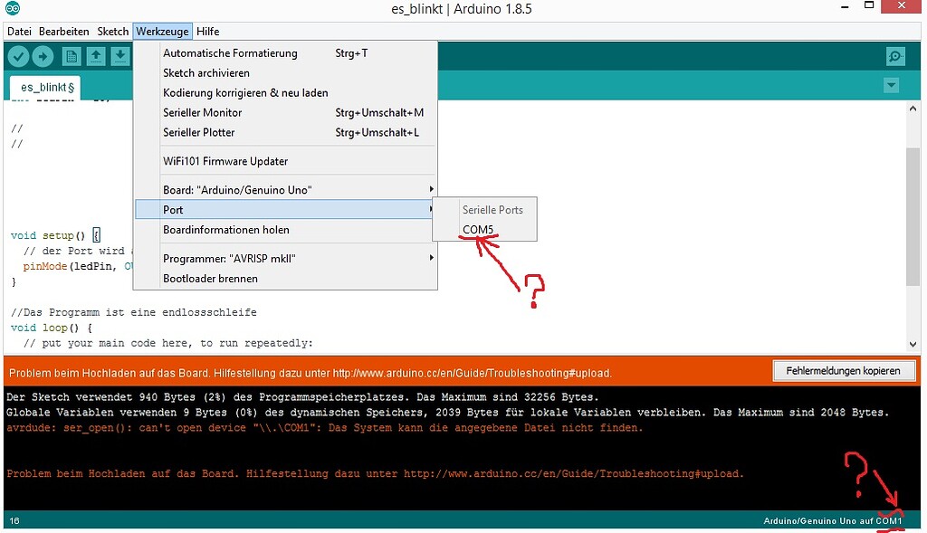 Arduino/Genuino Uno: Fehler beim CodeHochladen nicht gleiche COM-PORT ...
