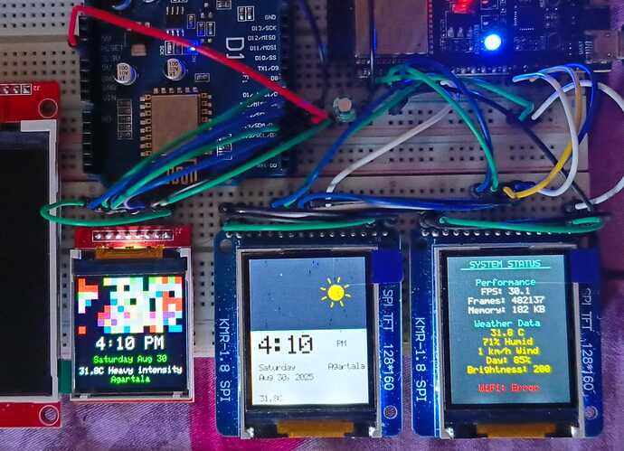 Left: Pixel Wash WeatherClock; Right: ESP32 WeatherClock with Dual St7735 Custom GFX Library (Wet Testing in Progress, releasing soon).