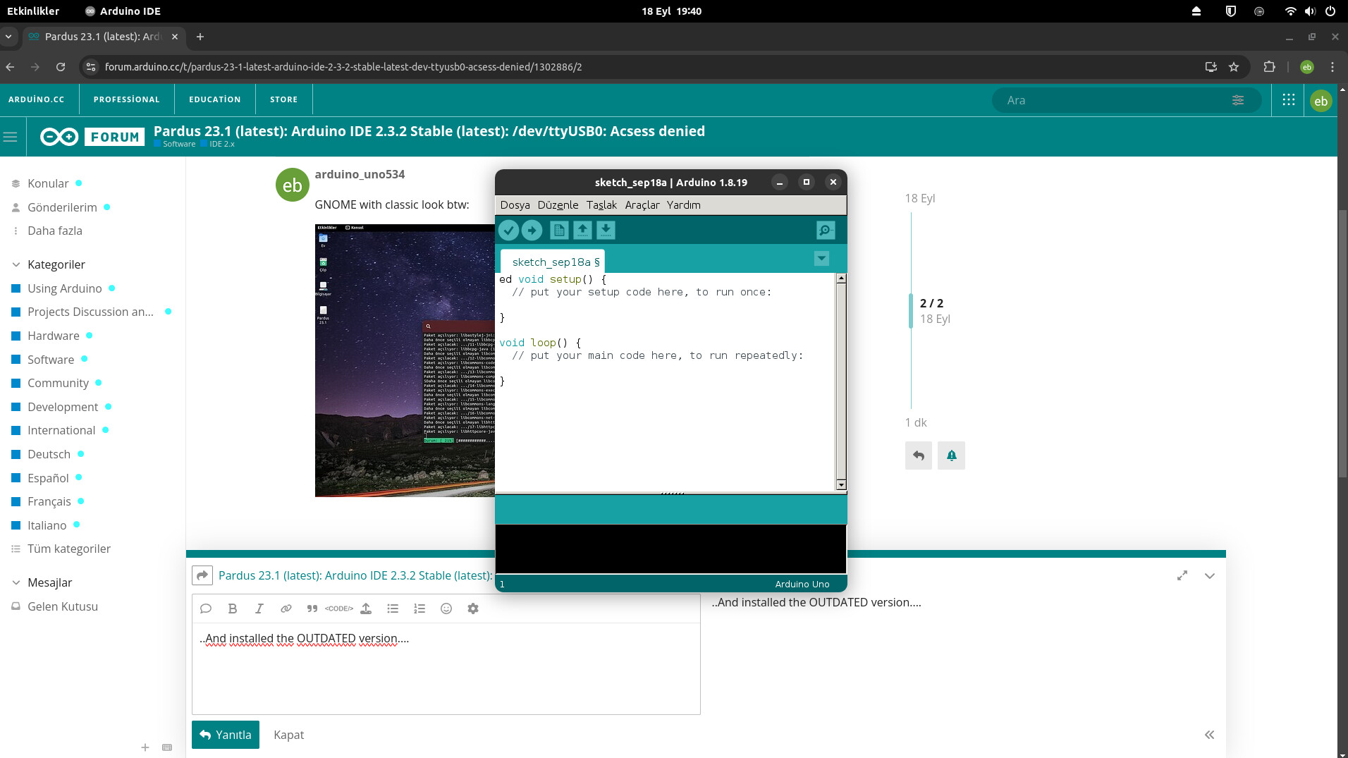 Pardus 23.1 (latest): Arduino IDE 2.3.2 Stable (latest): /dev/ttyUSB0 ...