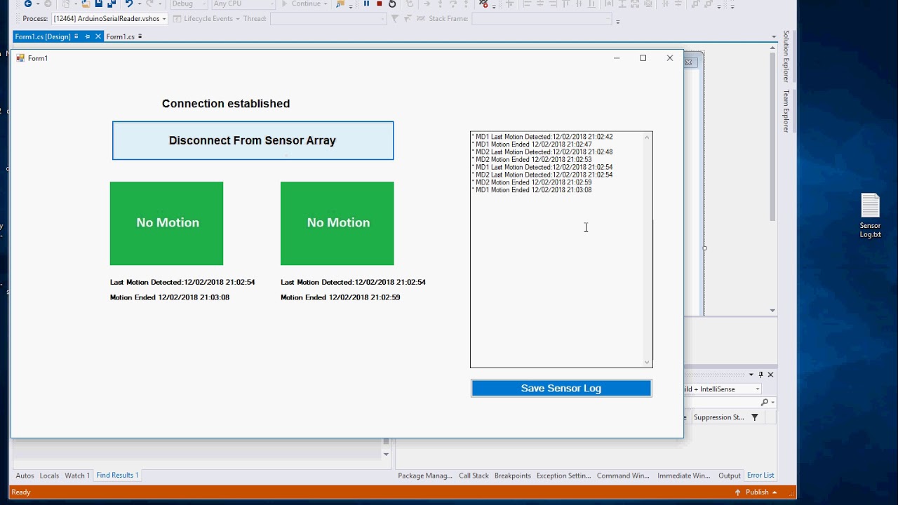 Arduino Motion Sensor Array GUI -  C# Windows Form Visual Studio
