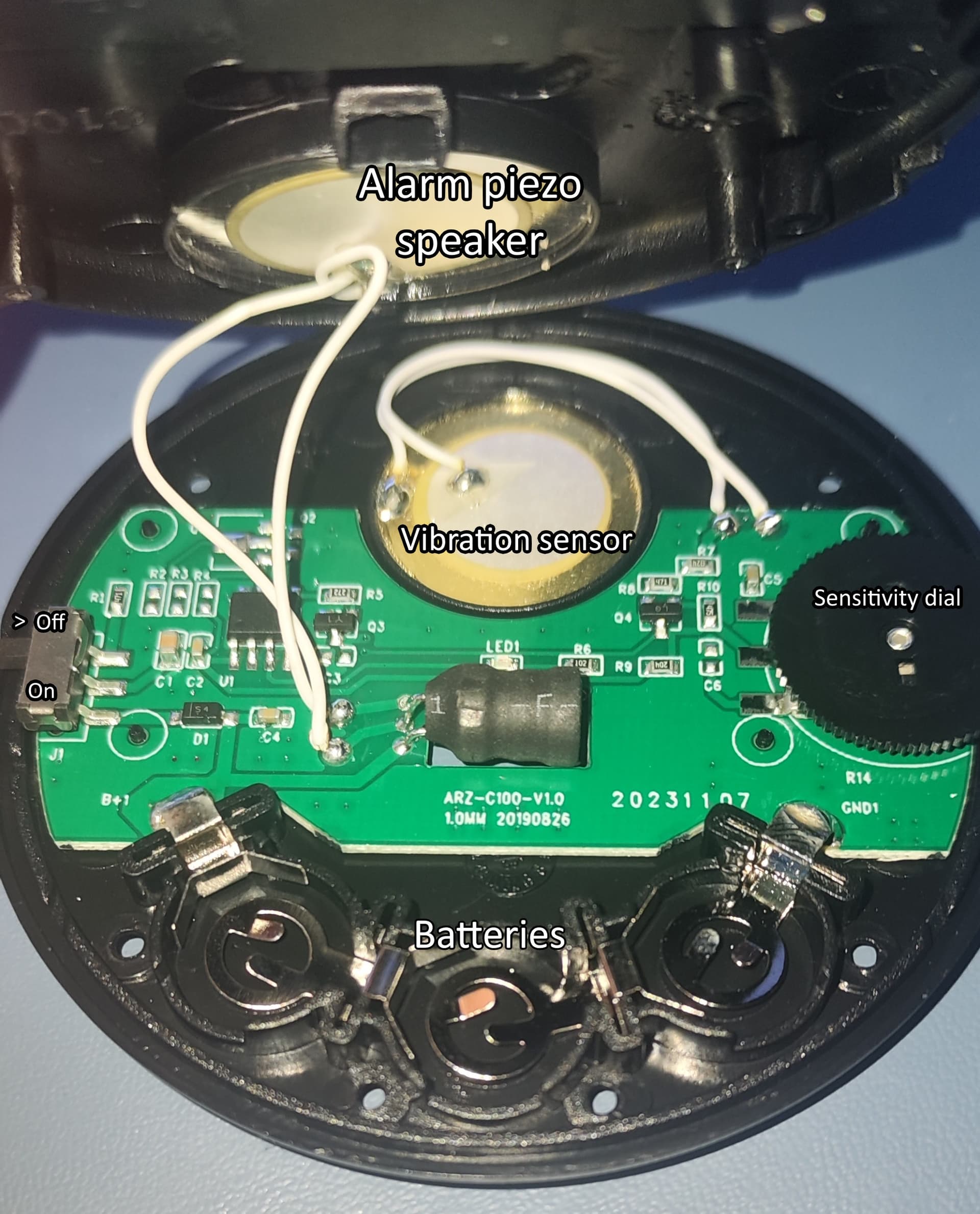 Intercepting I/O on this simple vibration alarm / glass break alarm ...