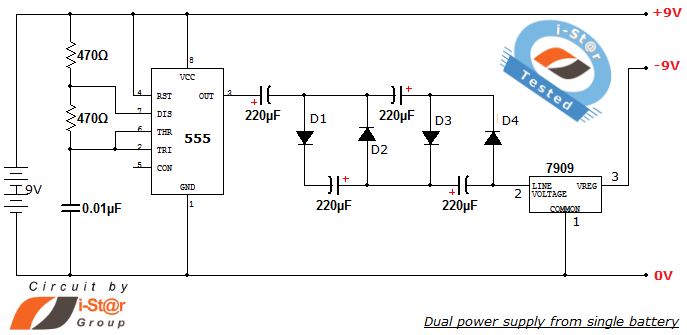 Regulated dual power supply circuit from single battery source.png