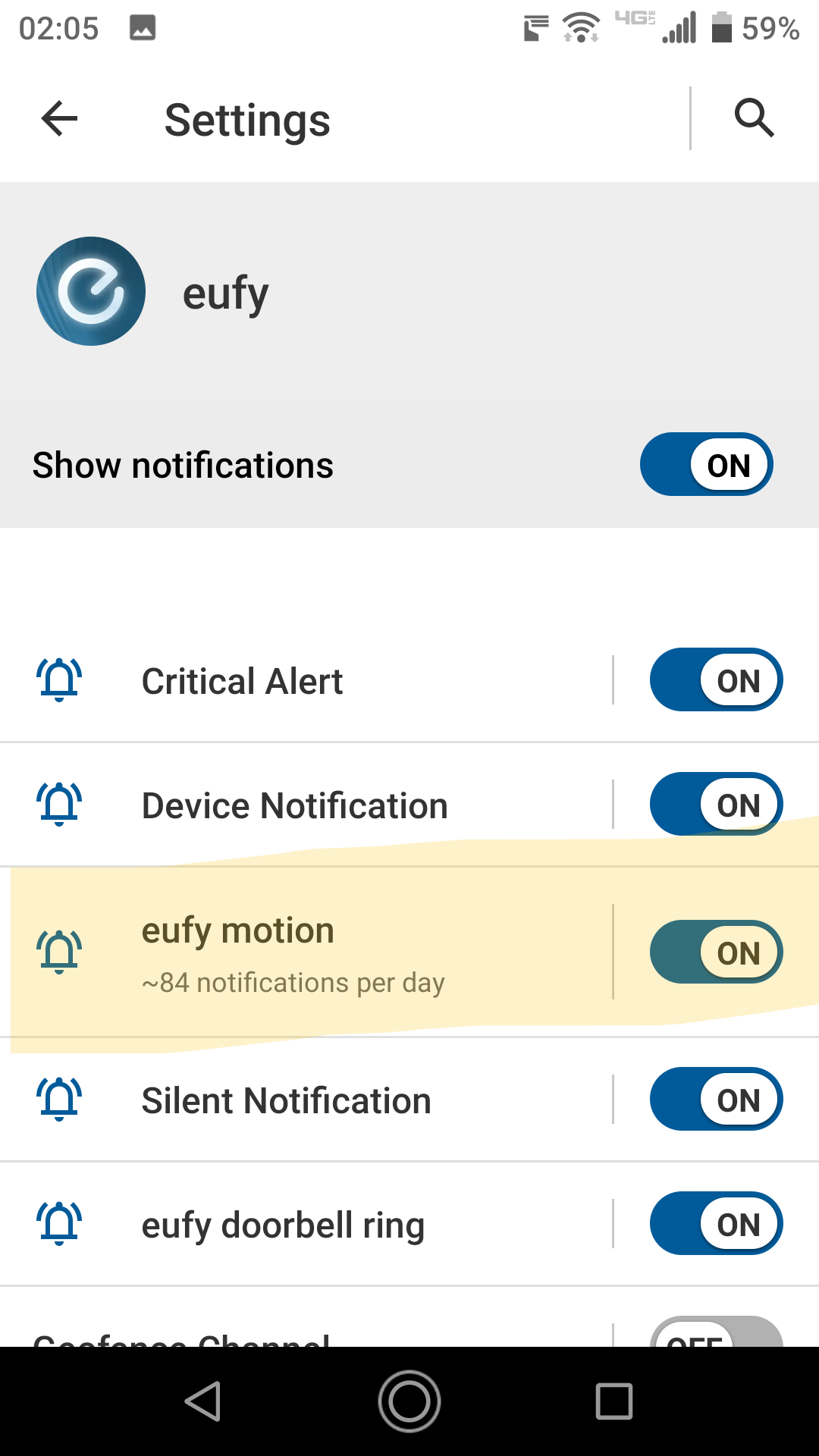 eufy Security app notification settings screenshot
