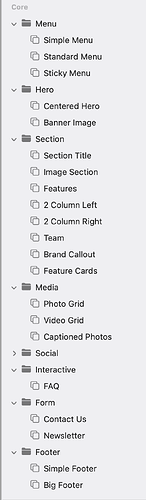 This image shows a hierarchical menu of website layout components, including sections for Menu, Hero, Section, Media, Social, Interactive, Form, and Footer, with various submenu items under each category. (Captioned by AI)