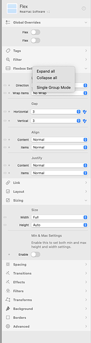 This image shows the Flexbox settings pane of a visual web design tool, featuring various options for layout, alignment, sizing, and spacing. (Captioned by AI)