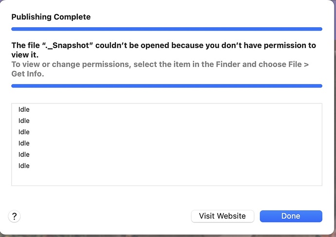 A dialog box informs the user that the file '_Snapshot' couldn't be opened due to permission issues, instructing them to change permissions in Finder, and displays a list of 'Idle' statuses. (Captioned by AI)