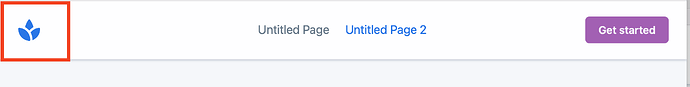 A website navigation bar displays a blue leaf-shaped logo on the left, two untitled page links in the centre, and a purple 'Get started' button on the right. (Captioned by AI)