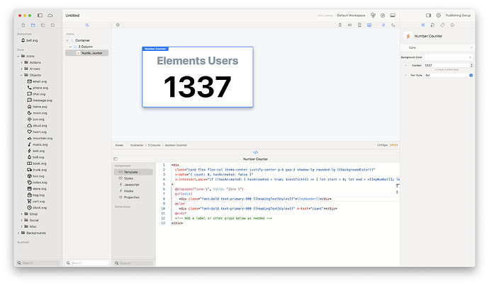 A software development interface is displayed, showcasing a widget titled 'Elements Users' with the number 1337, alongside a panel containing code. (Captioned by AI)