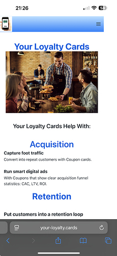 A mobile website advertises loyalty cards for businesses, highlighting their benefits for customer acquisition and retention, with an image of a waiter serving a group of people in a café. (Captioned by AI)
