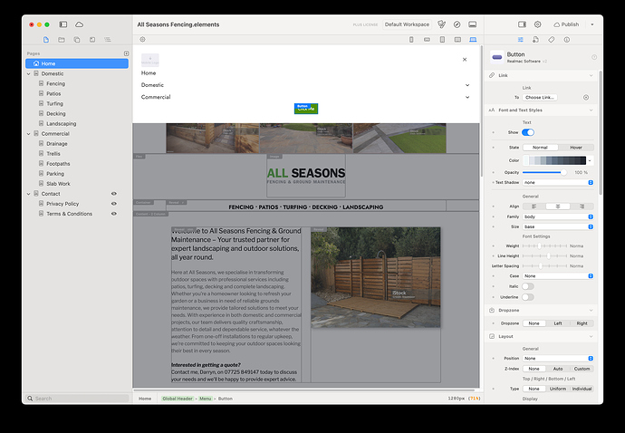 A web design interface displays the layout for a fencing and ground maintenance company's website, showing navigation menus and design tools on the sides. (Captioned by AI)