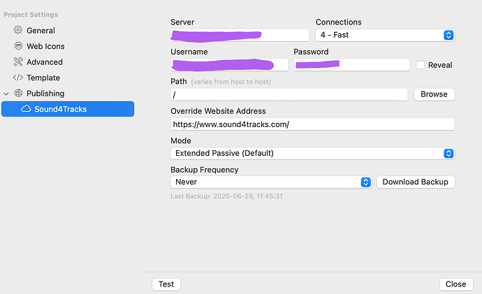 This image shows the publishing settings for a project named 'Sound4Tracks' in a website management application, including server connection details, backup options, and the override website address. (Captioned by AI)
