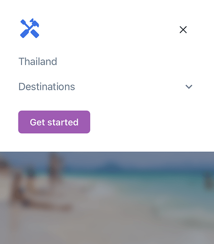A travel website interface displays options for Thailand and other destinations, with a prominent 'Get started' button and a blurred beach background. (Captioned by AI)