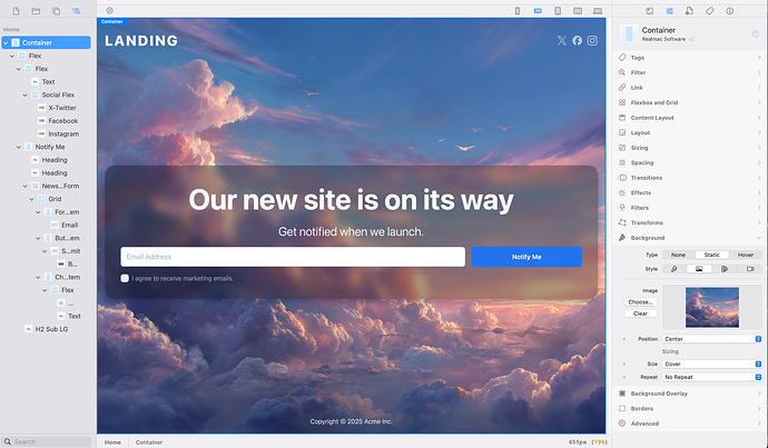 This image shows a website design interface featuring a 'coming soon' landing page with a cloud background, an email notification sign-up form, and various design tool panels on the sides. (Captioned by AI)