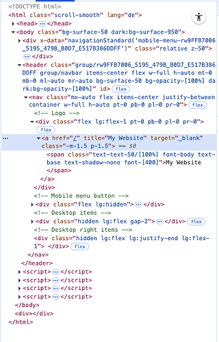 The image shows the HTML source code of a webpage, specifically focusing on the structure of a navigation bar with a link labelled 'My Website' and various div elements for layout and menu functionality. (Captioned by AI)