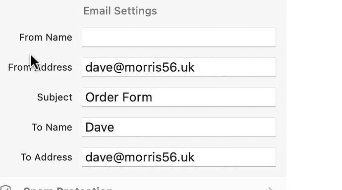 This image shows an email settings form with fields for from name, from address, subject, to name, and to address, some of which are filled with example data. (Captioned by AI)