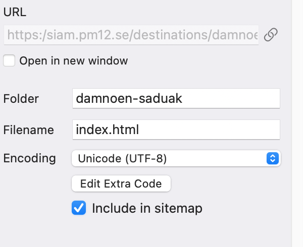 This image shows a webpage settings interface for assigning a URL, folder, and filename, with the option to include the page in the sitemap checked. (Captioned by AI)