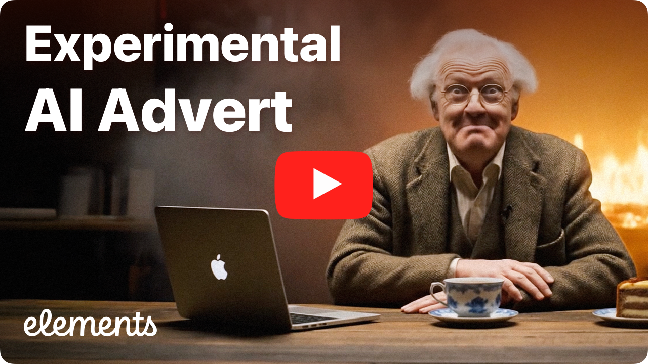 An elderly man sits at a wooden table with a laptop, teacup, and cake, in front of a warm fire, with the text 'Experimental AI Advert' and a YouTube play button overlayed.