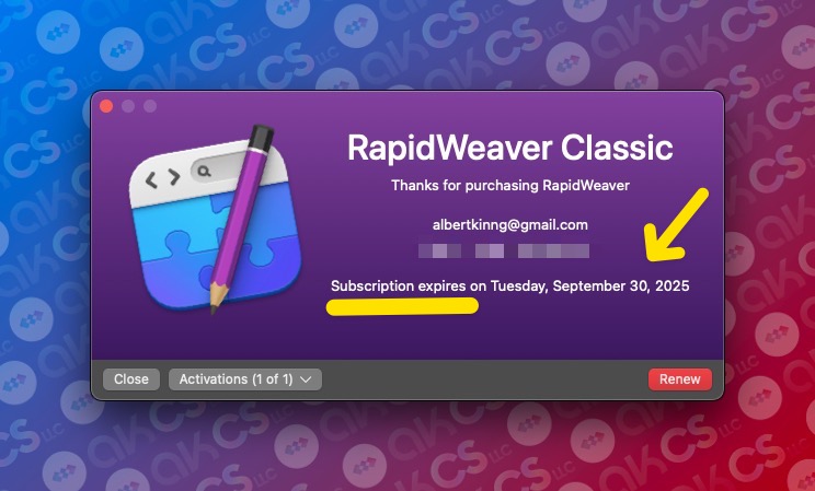 A software window displays a RapidWeaver Classic subscription confirmation, indicating the subscription will expire on Tuesday, September 30, 2025. (Captioned by AI)
