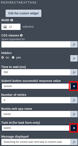redirectNextTask widget configured on a task