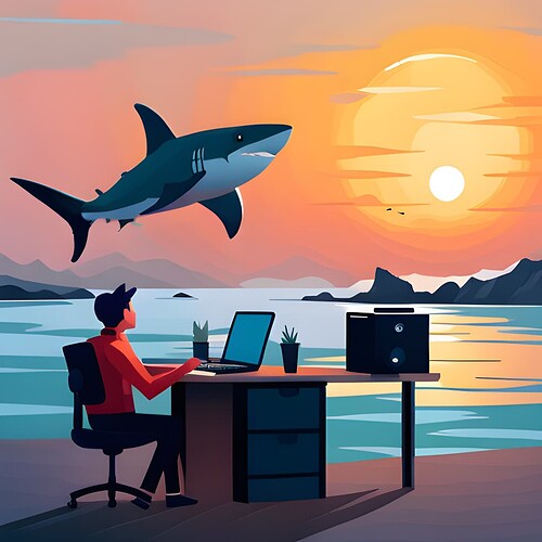 A-shark-is-sitting-in-front-of-a-computer--typing-on-a-keyboard-with-it-s-fins--It-s-a-shark-that-lives-on-land-
