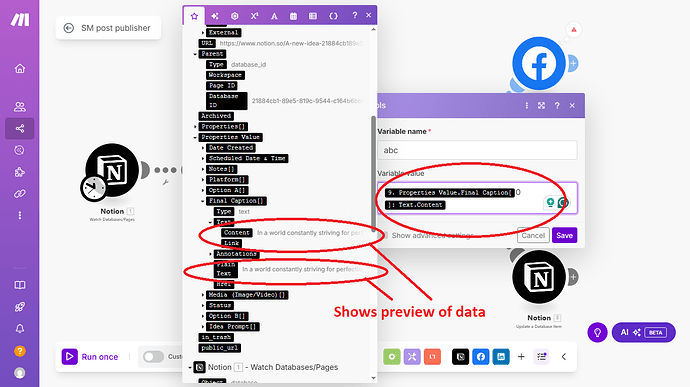 2. fields being mapped in Set variable module per your suggestion