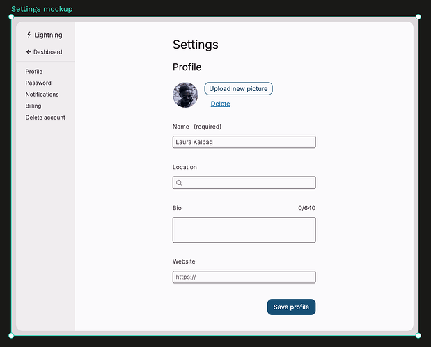 Mockup of a Settings profile form in Penpot