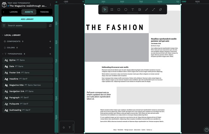 A fashion magazine article UI design and its typographies in Penpot.