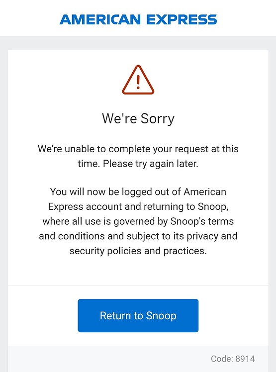 Can't connect Amex Help SnoopSpace