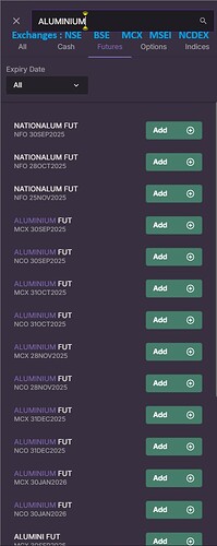 Upstox Search Window with Exchanges Filters - for Futures contracts