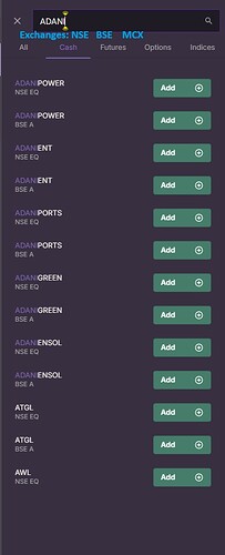 Upstox Search Window with Exchanges Filters - for Stocks