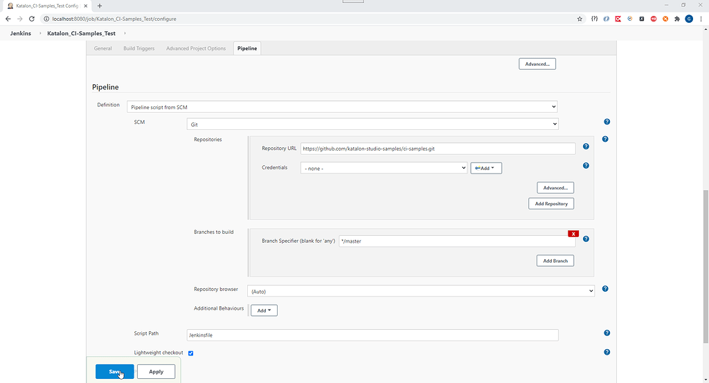 How to run katalonstudiosamples/cisamples by using the Jenkins file