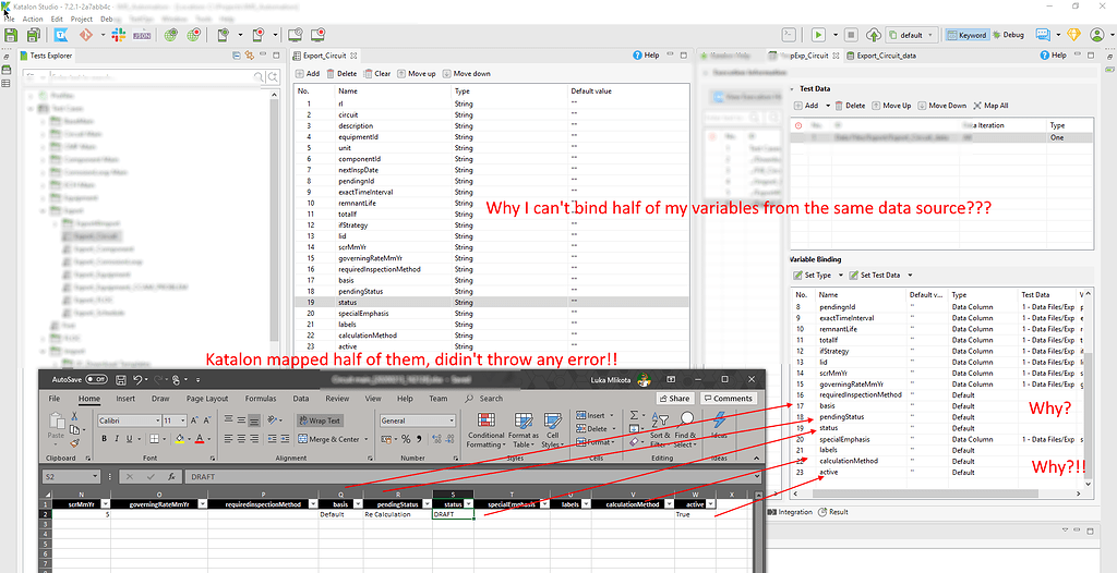 Data Driven Katalon refuses to bind half of variables Katalon