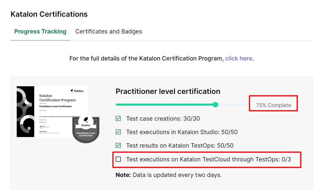 Last Requirements not updating in Katalon Certifications 