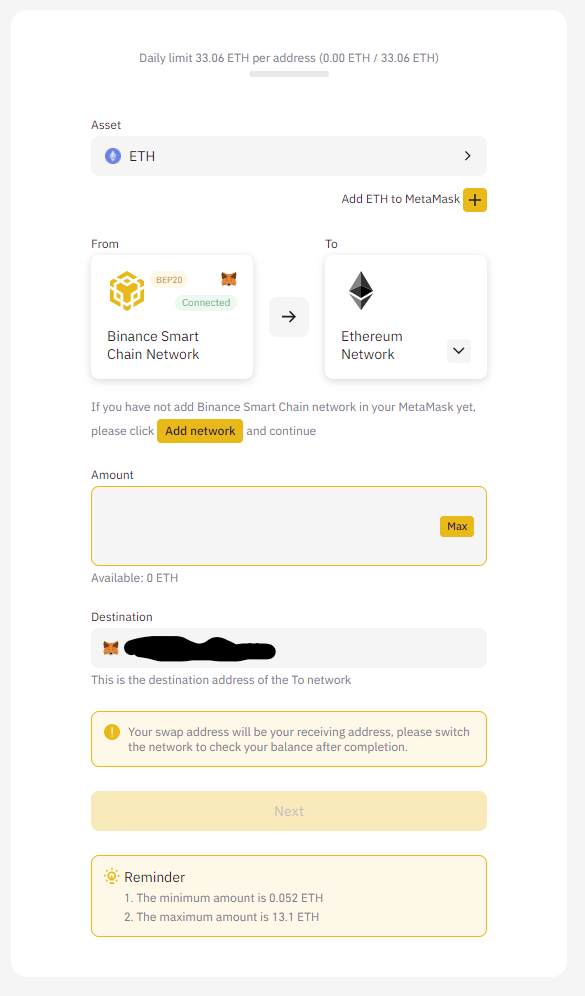 I Need To Transfer My ETH From BSC Network To Ethereum Mainnet 