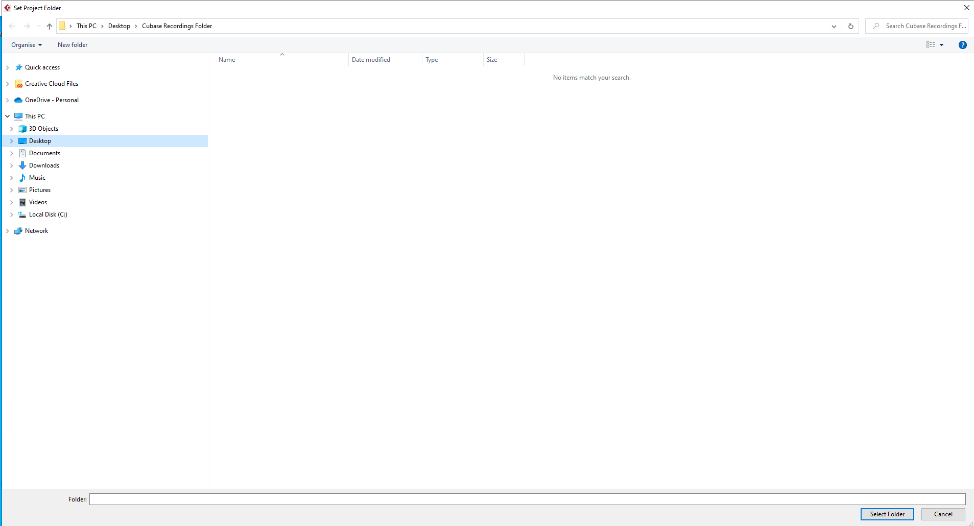 No option to create a new project folder from within Cubase save dialog