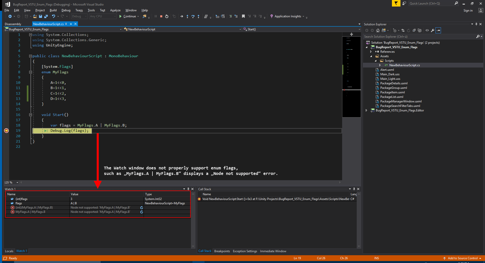 (Case 1006282) VSTU Using enum flags displays "Node not supported