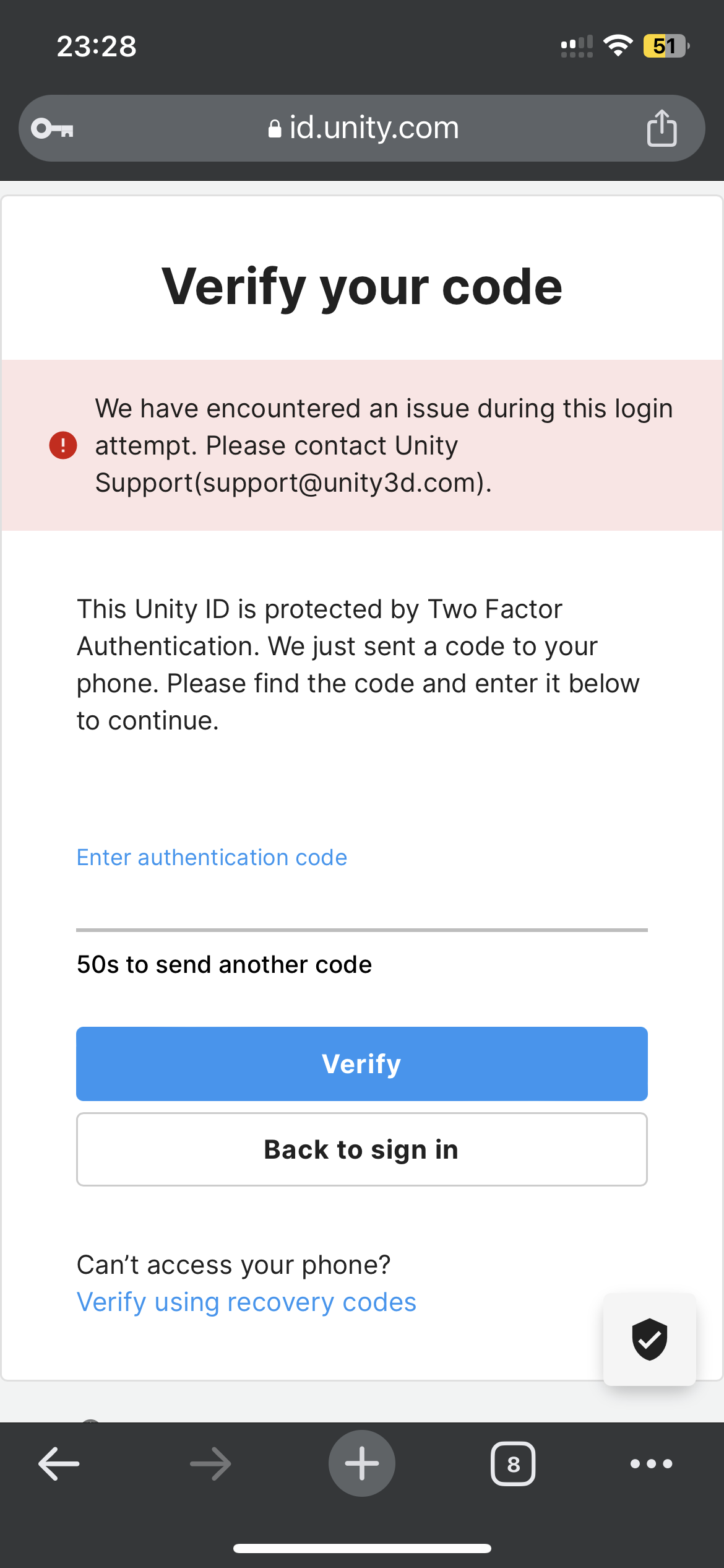 2 factor code isn’t received gives error - Unity Services - Unity ...