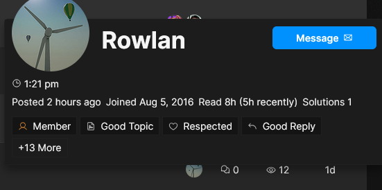 image showing a topic with its last activity 1 day ago, a card with the informations of the creator is open, their last activity was 2 hours ago.